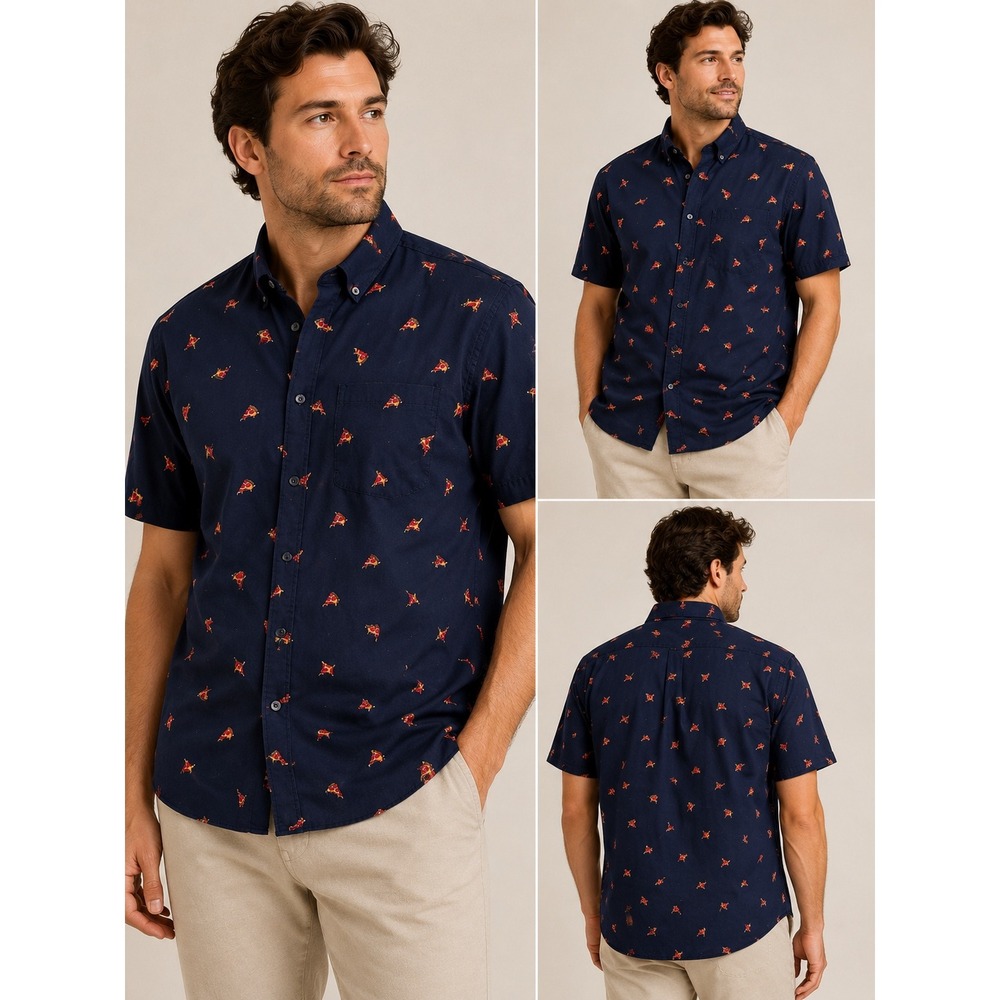 Visive Mens 2XL Pizza Slice Print Short Sleeve Button Down Shirt Navy Blue